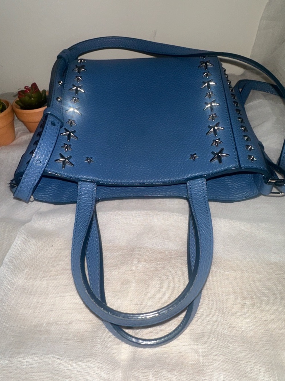 Authentic Jimmy Choo Mini Pagasi Blue Star-Embellished Leather 2-Way Crossbody - Picture 8 of 16